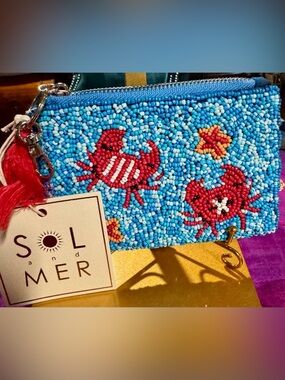 NWT Sol & Mer Beaded Crabs Starfish Key and Cardholder Blue